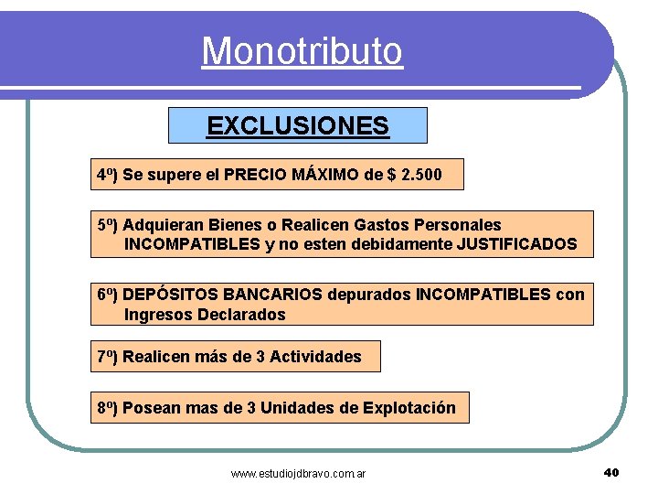 Monotributo EXCLUSIONES 4º) Se supere el PRECIO MÁXIMO de $ 2. 500 5º) Adquieran