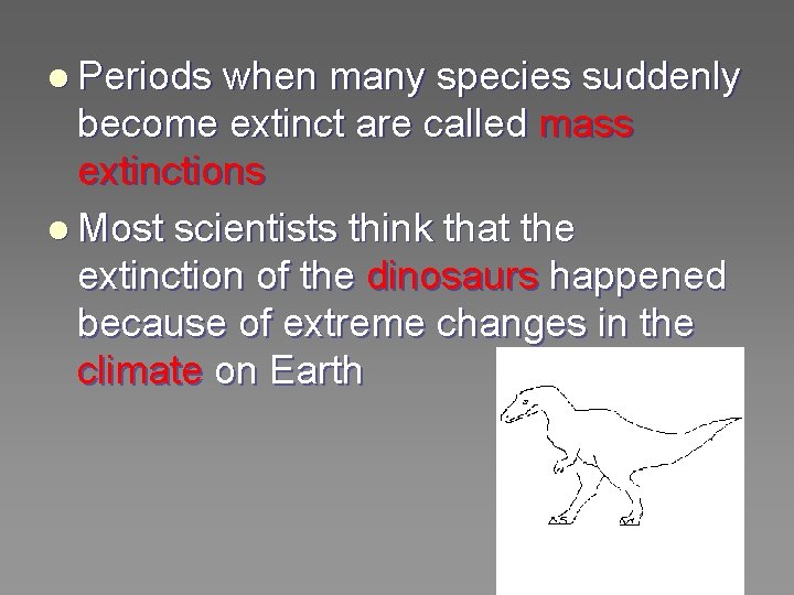 l Periods when many species suddenly become extinct are called mass extinctions l Most