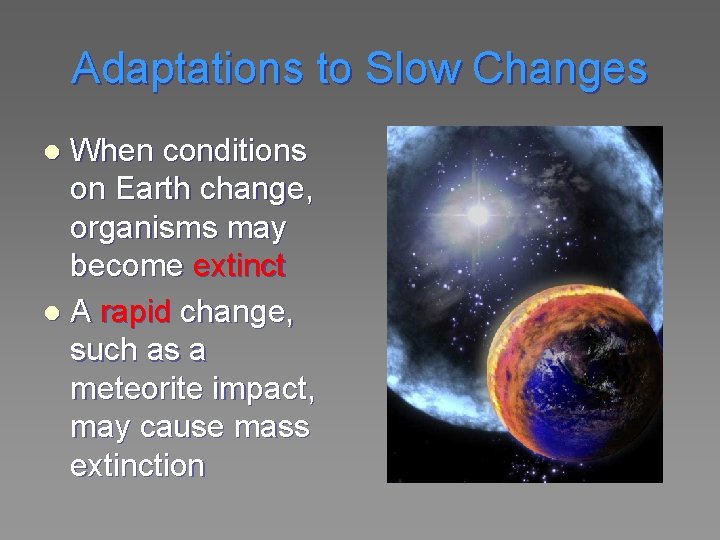 Adaptations to Slow Changes When conditions on Earth change, organisms may become extinct l