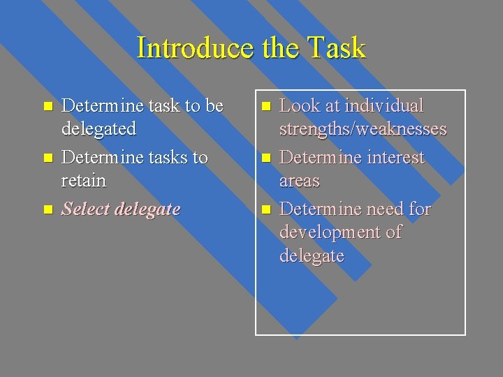 Introduce the Task n n n Determine task to be delegated Determine tasks to Introduce the Task n n n Determine task to be delegated Determine tasks to