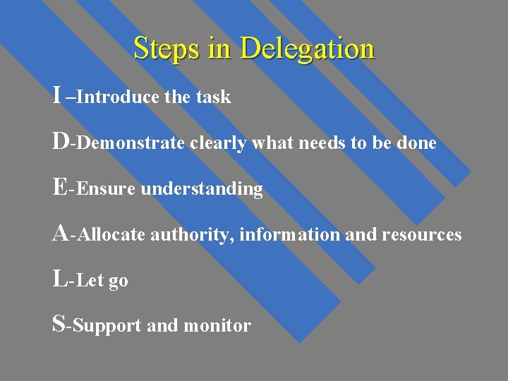 Steps in Delegation I –Introduce the task D-Demonstrate clearly what needs to be done Steps in Delegation I –Introduce the task D-Demonstrate clearly what needs to be done