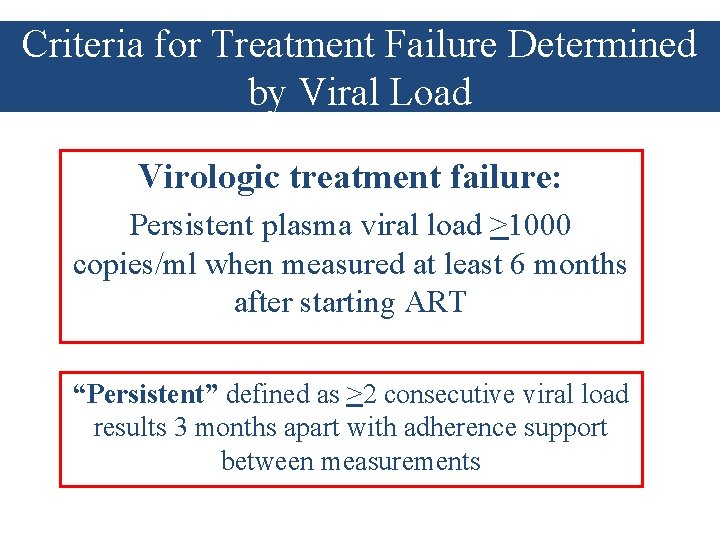 Criteria for Treatment Failure Determined by Viral Load Virologic treatment failure: Persistent plasma viral