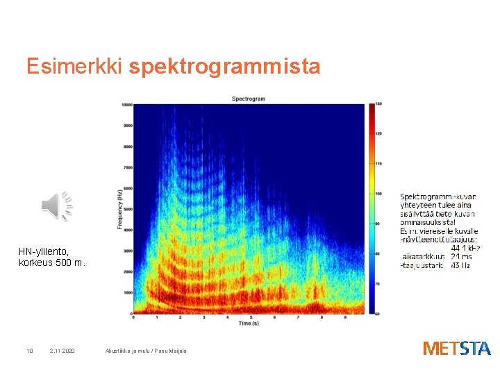 Esimerkki spektrogrammista HN-ylilento, korkeus 500 m. 10 2. 11. 2020 Akustiikka ja melu /