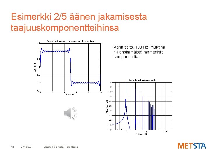 Esimerkki 2/5 äänen jakamisesta taajuuskomponentteihinsa Kanttiaalto, 100 Hz, mukana 14 ensimmäistä harmonista komponenttia. 12