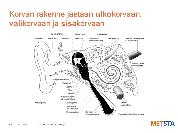 Korvan rakenne jaetaan ulkokorvaan, välikorvaan ja sisäkorvaan 49 2. 11. 2020 Akustiikka ja melu