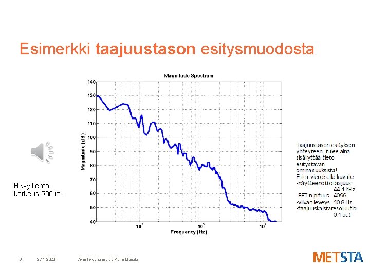 Esimerkki taajuustason esitysmuodosta HN-ylilento, korkeus 500 m. 9 2. 11. 2020 Akustiikka ja melu
