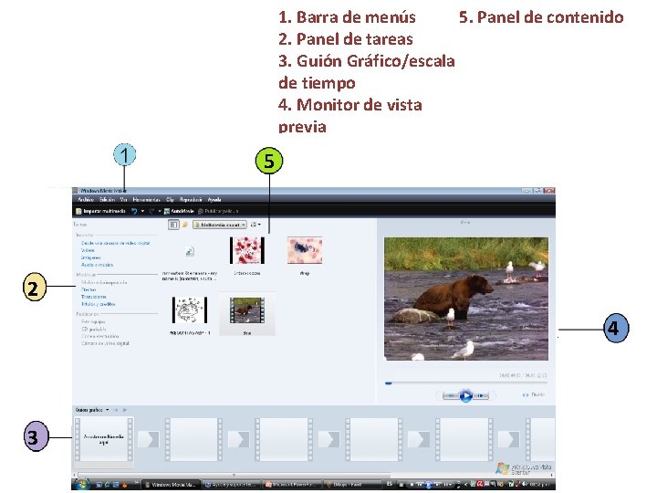 1. Barra de menús 5. Panel de contenido 2. Panel de tareas 3. Guión