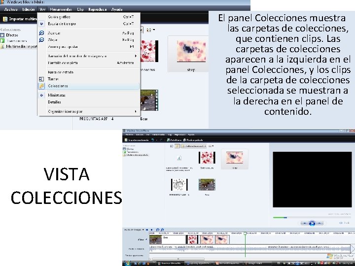 El panel Colecciones muestra las carpetas de colecciones, que contienen clips. Las carpetas de
