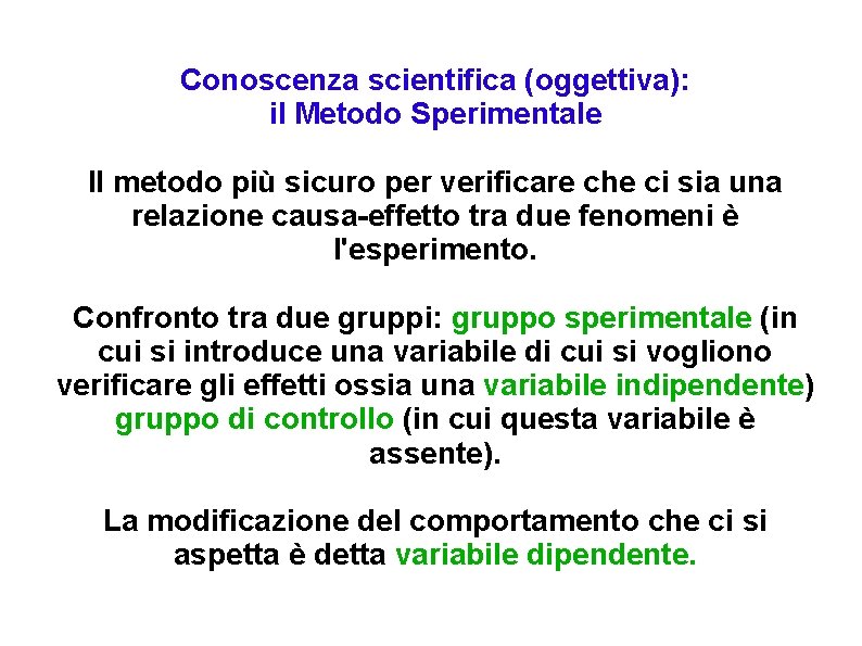 Conoscenza scientifica (oggettiva): il Metodo Sperimentale Il metodo più sicuro per verificare che ci Conoscenza scientifica (oggettiva): il Metodo Sperimentale Il metodo più sicuro per verificare che ci