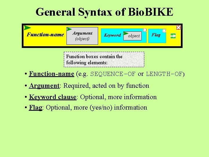 General Syntax of Bio. BIKE Function-name Argument (object) Keyword object Flag Function boxes contain