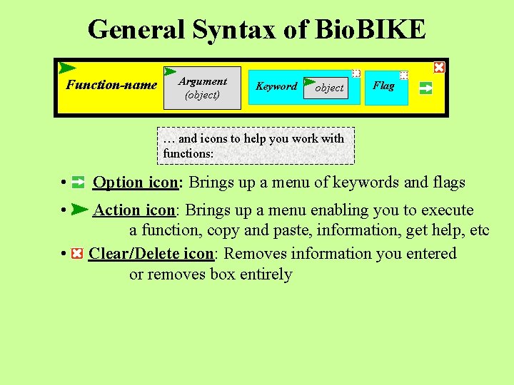 General Syntax of Bio. BIKE Function-name Argument (object) Keyword object Flag … and icons