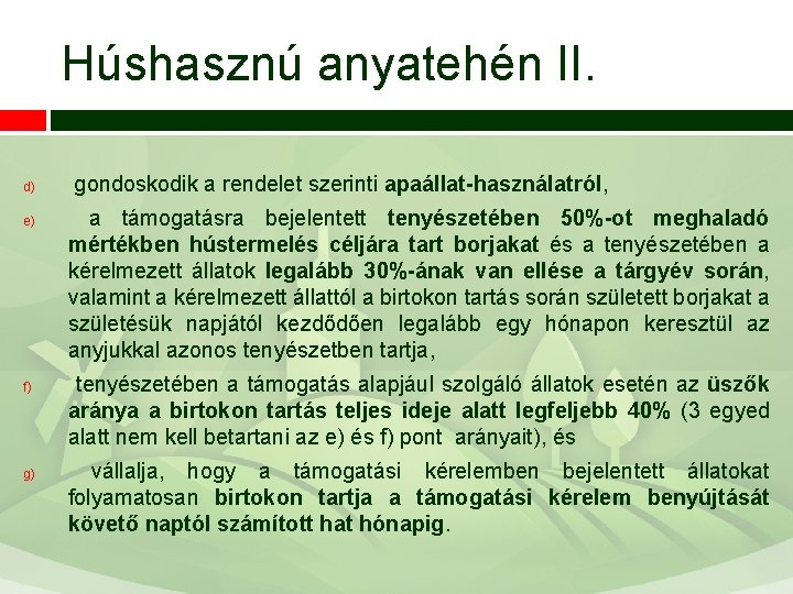 Húshasznú anyatehén II. d) e) f) g) gondoskodik a rendelet szerinti apaállat-használatról, a támogatásra