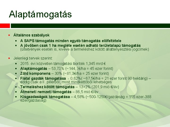 Alaptámogatás § Általános szabályok § A SAPS támogatás minden egyéb támogatás előfeltétele § A