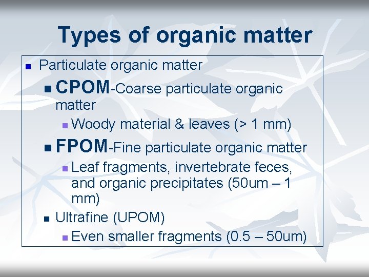 Types of organic matter n Particulate organic matter n CPOM-Coarse particulate organic matter n