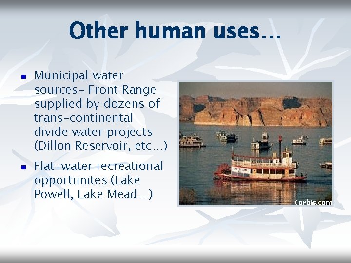 Other human uses… n n Municipal water sources- Front Range supplied by dozens of