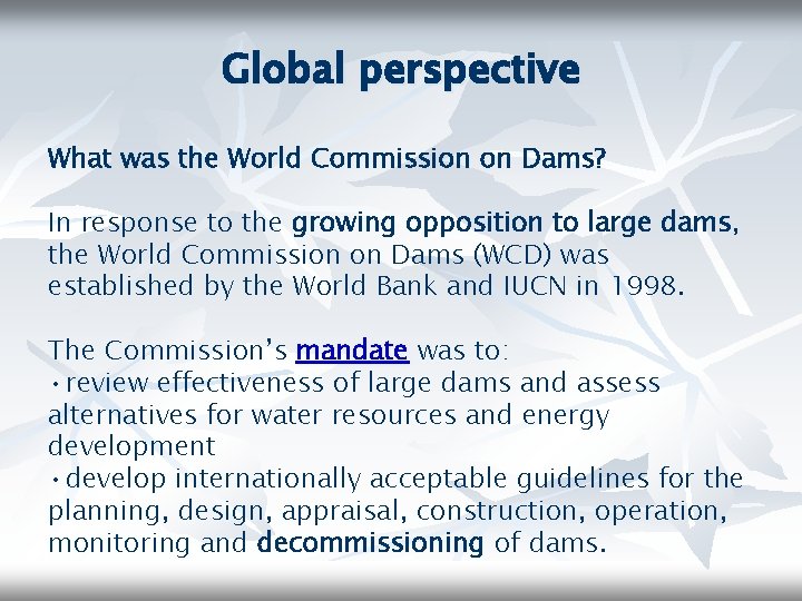 Global perspective What was the World Commission on Dams? In response to the growing