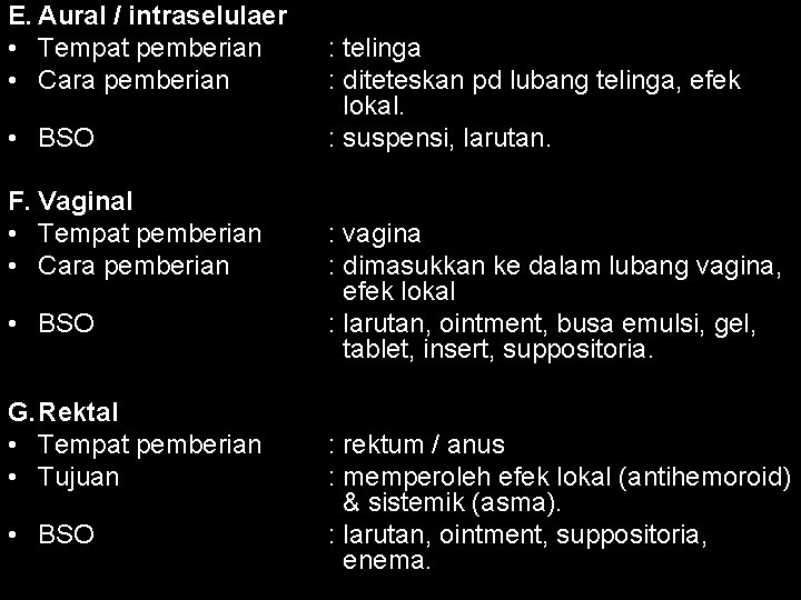 E. Aural / intraselulaer • Tempat pemberian • Cara pemberian • BSO F. Vaginal