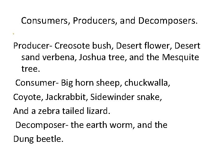 Consumers, Producers, and Decomposers. Producer- Creosote bush, Desert flower, Desert sand verbena, Joshua tree,