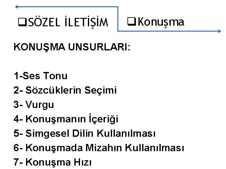 q. SÖZEL İLETİŞİM q. Konuşma KONUŞMA UNSURLARI: 1 -Ses Tonu 2 - Sözcüklerin Seçimi