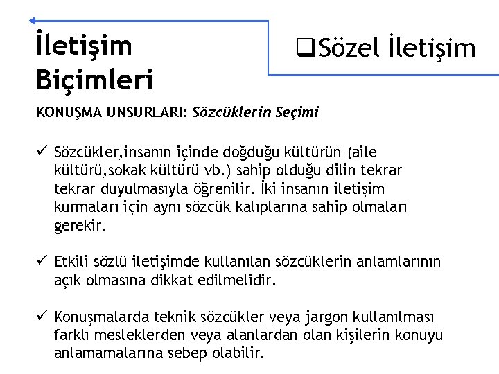 İletişim Biçimleri q. Sözel İletişim KONUŞMA UNSURLARI: Sözcüklerin Seçimi ü Sözcükler, insanın içinde doğduğu