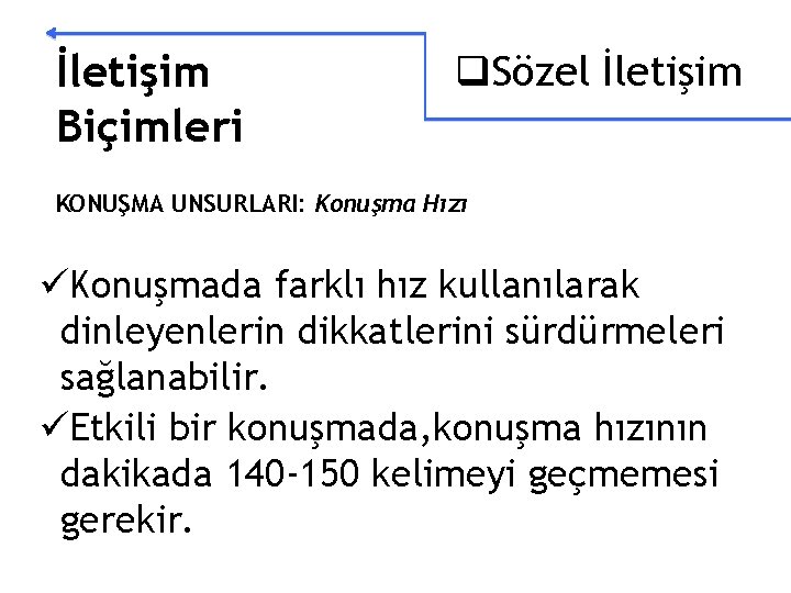 İletişim Biçimleri q. Sözel İletişim KONUŞMA UNSURLARI: Konuşma Hızı üKonuşmada farklı hız kullanılarak dinleyenlerin