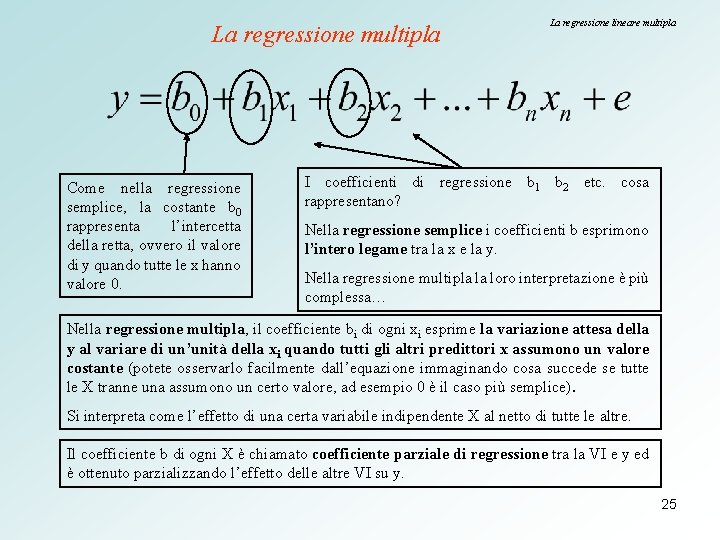 La regressione multipla Come nella regressione semplice, la costante b 0 rappresenta l’intercetta della