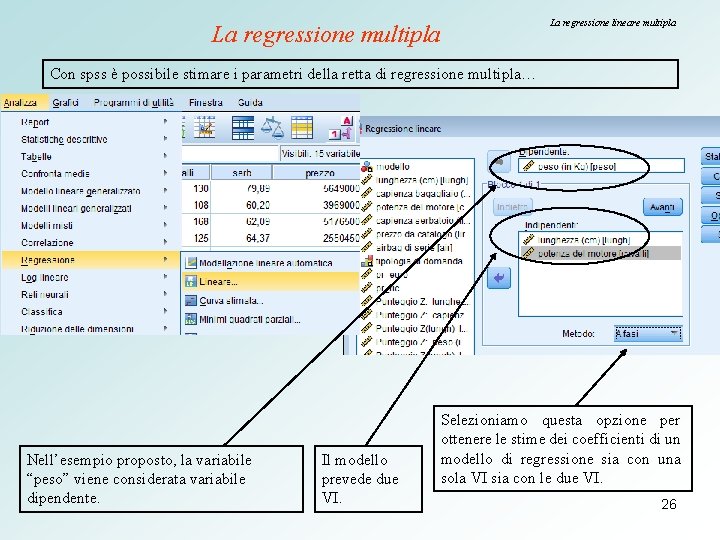 La regressione lineare multipla La regressione multipla Con spss è possibile stimare i parametri