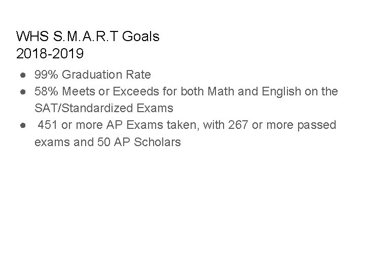 WHS S. M. A. R. T Goals 2018 -2019 ● 99% Graduation Rate ●