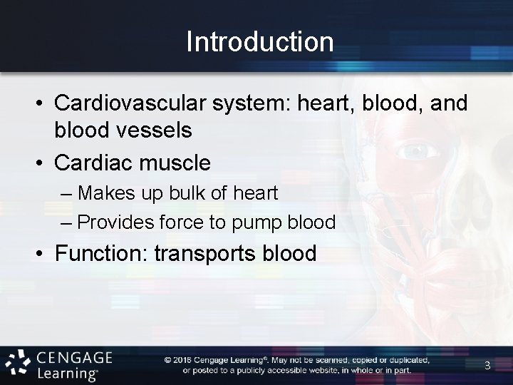 Introduction • Cardiovascular system: heart, blood, and blood vessels • Cardiac muscle – Makes
