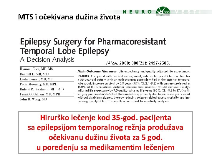 MTS i očekivana dužina života JAMA, 2008; 300(21): 2497 -2505. Hirurško lečenje kod 35