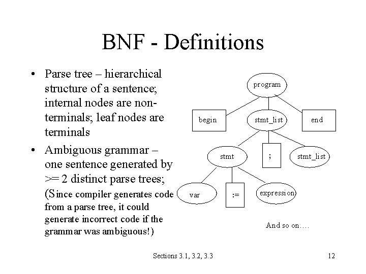 BNF - Definitions • Parse tree – hierarchical structure of a sentence; internal nodes