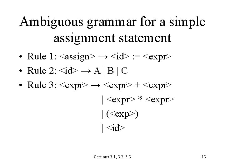 Ambiguous grammar for a simple assignment statement • Rule 1: <assign> → <id> :
