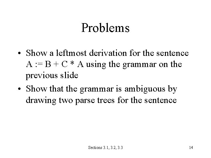 Problems • Show a leftmost derivation for the sentence A : = B +