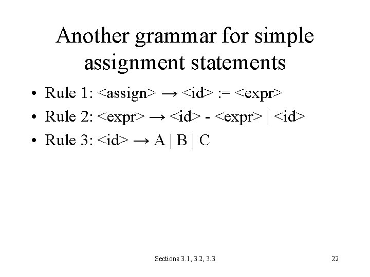 Another grammar for simple assignment statements • Rule 1: <assign> → <id> : =