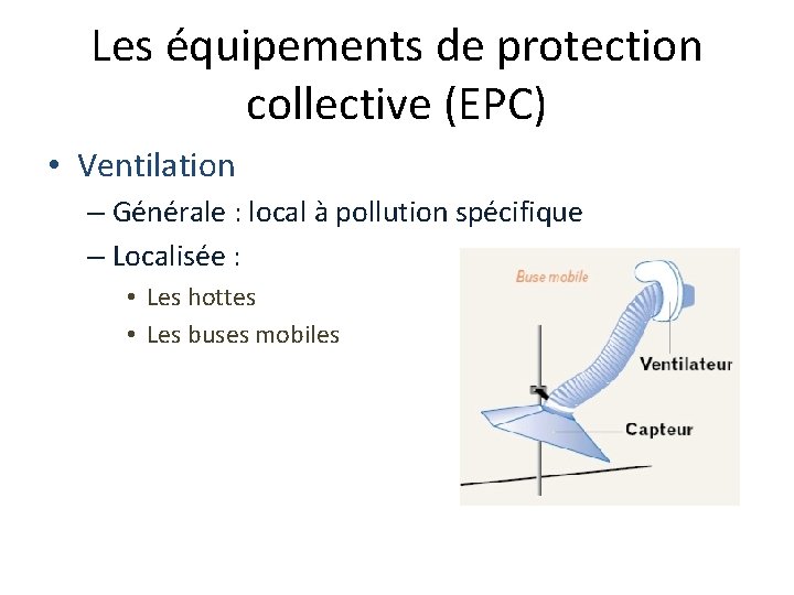 Les équipements de protection collective (EPC) • Ventilation – Générale : local à pollution