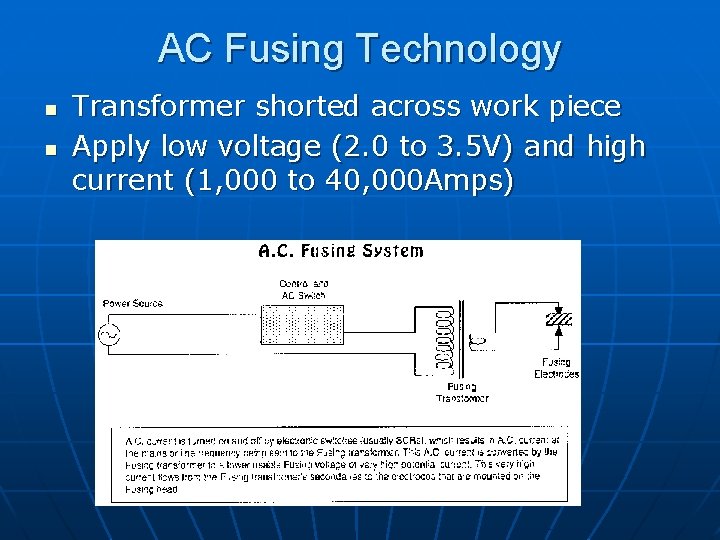 AC Fusing Technology n n Transformer shorted across work piece Apply low voltage (2.