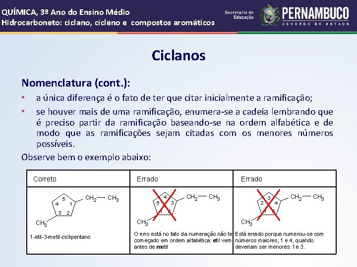 QUÍMICA, 3º Ano do Ensino Médio Hidrocarboneto: ciclano, cicleno e compostos aromáticos Ciclanos Nomenclatura