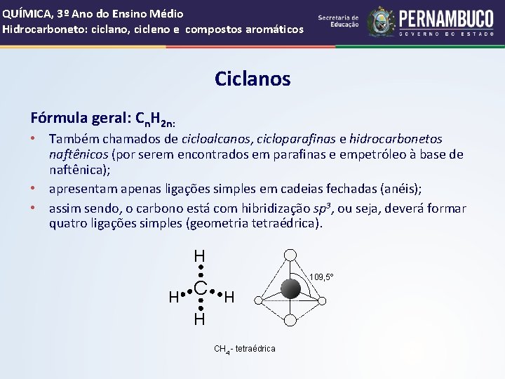 QUÍMICA, 3º Ano do Ensino Médio Hidrocarboneto: ciclano, cicleno e compostos aromáticos Ciclanos Fórmula