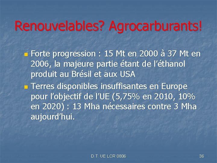 Renouvelables? Agrocarburants! Forte progression : 15 Mt en 2000 à 37 Mt en 2006,