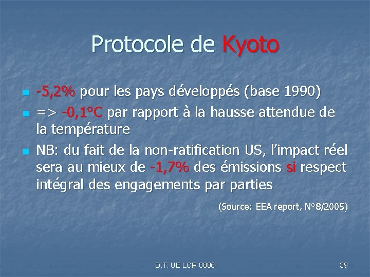 Protocole de Kyoto n n n -5, 2% pour les pays développés (base 1990)