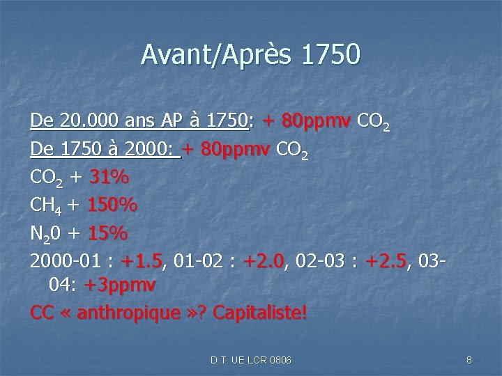 Avant/Après 1750 De 20. 000 ans AP à 1750: + 80 ppmv CO 2