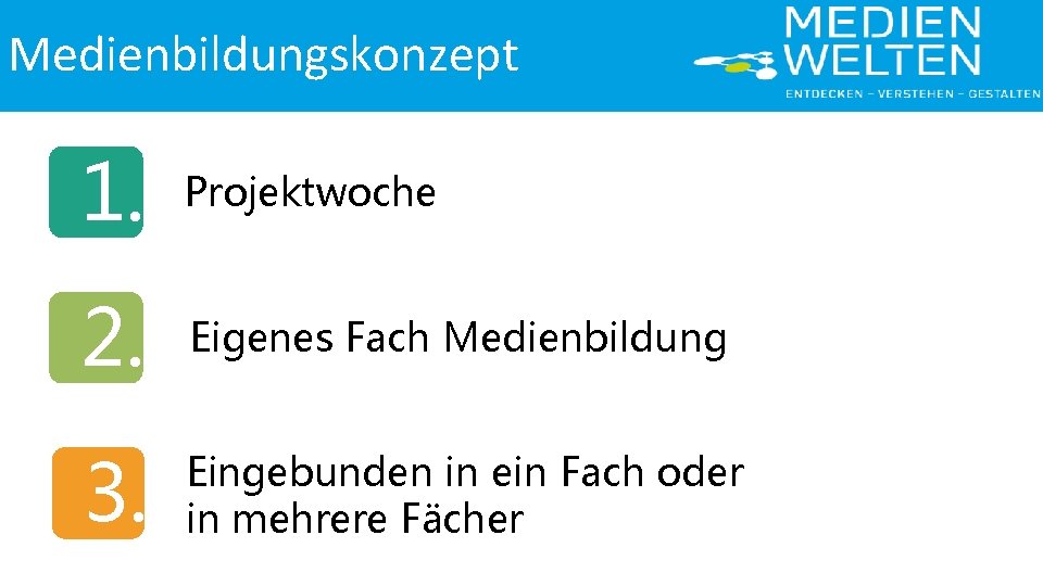 Medienbildungskonzept 1. Projektwoche 2. Eigenes Fach Medienbildung 3. Eingebunden in ein Fach oder in