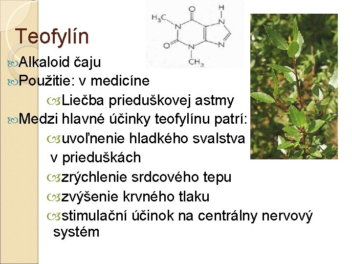 Teofylín Alkaloid čaju Použitie: v medicíne Liečba prieduškovej astmy Medzi hlavné účinky teofylínu patrí: Teofylín Alkaloid čaju Použitie: v medicíne Liečba prieduškovej astmy Medzi hlavné účinky teofylínu patrí: