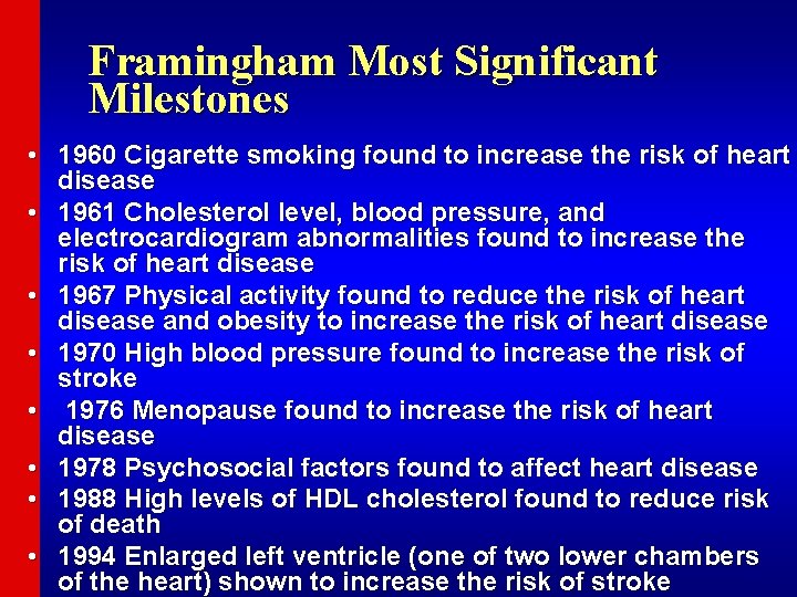 Framingham Most Significant Milestones • 1960 Cigarette smoking found to increase the risk of