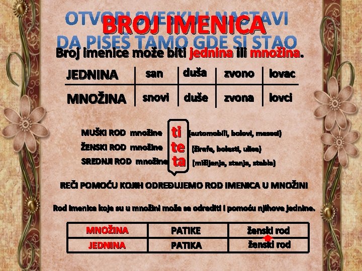 BROJ IMENICA Broj imenice može biti jednina ili množina. JEDNINA san duša zvono lovac