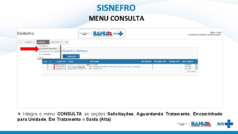 SISNEFRO MENU CONSULTA Ø Integra o menu CONSULTA as seções Solicitações, Aguardando Tratamento, Encaminhado