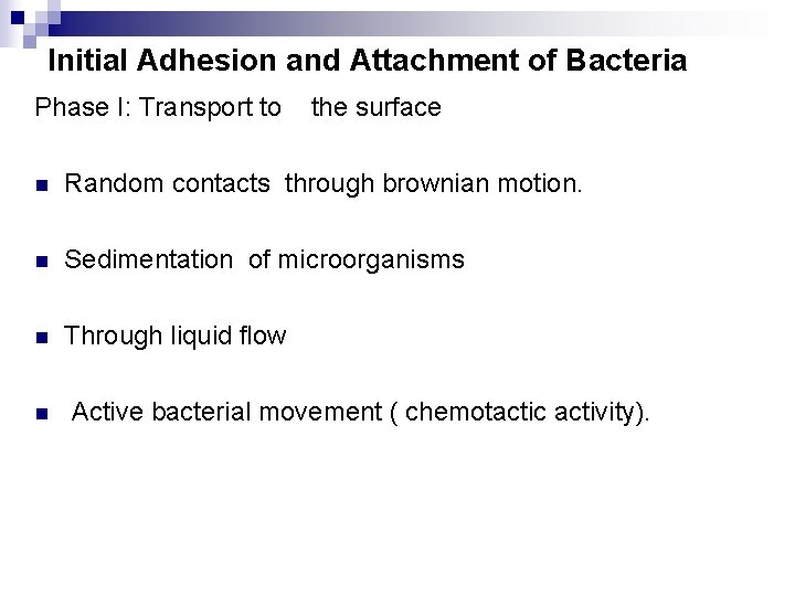 Initial Adhesion and Attachment of Bacteria Phase I: Transport to the surface n Random