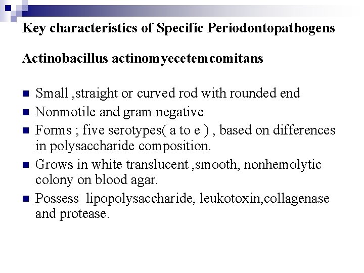 Key characteristics of Specific Periodontopathogens Actinobacillus actinomyecetemcomitans n n n Small , straight or