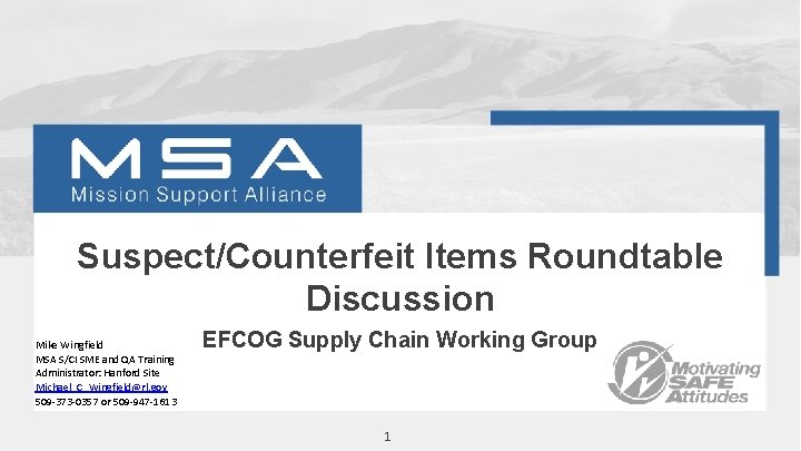 Suspect/Counterfeit Items Roundtable Discussion Mike Wingfield MSA S/CI SME and QA Training Administrator: Hanford