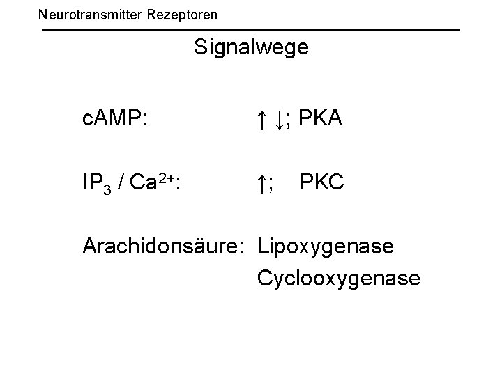Neurotransmitter Rezeptoren Signalwege c. AMP: ↑ ↓; PKA IP 3 / Ca 2+: ↑;